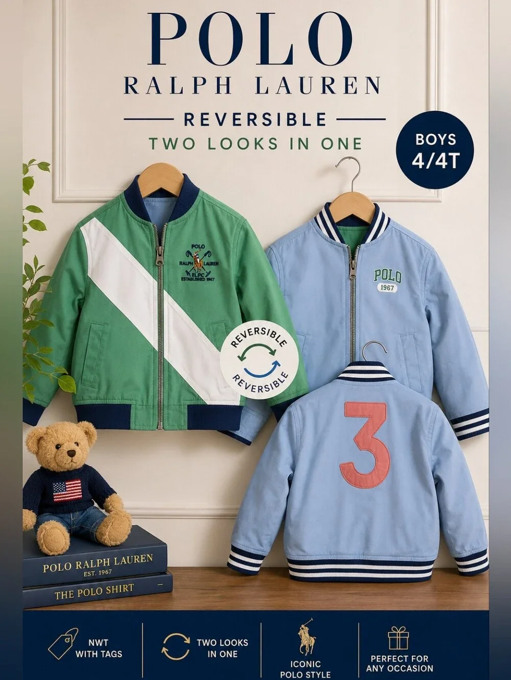 NWT Polo Ralph Lauren Boys 4T Reversible Varsity Bomber Jacket Green Blue
